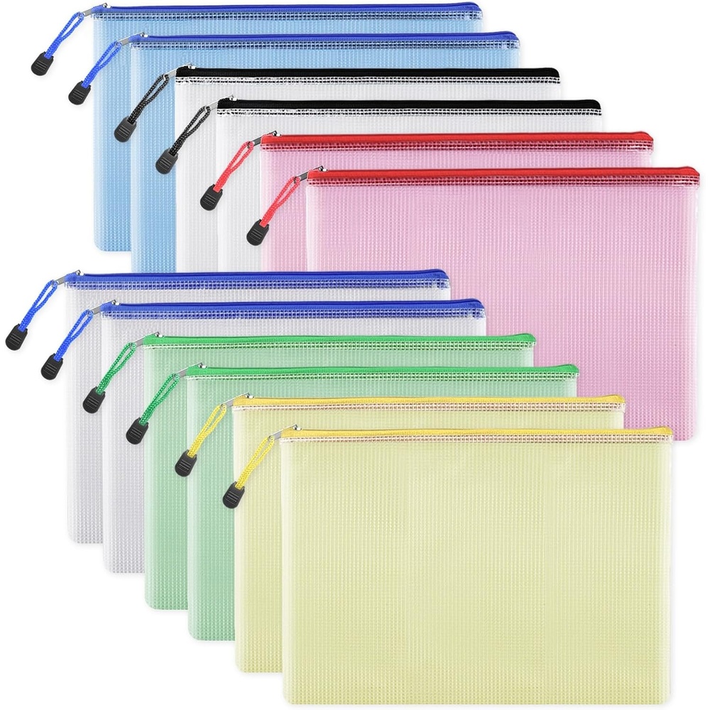 image:imageEOOUT 12pcs Mesh Zipper Pouch for Organizing A4 Letter Size Zipper Storage Bags Multicolor Plastic File Pouch Multipurpose for Classroom Organization Travel Storage Board Game Storage