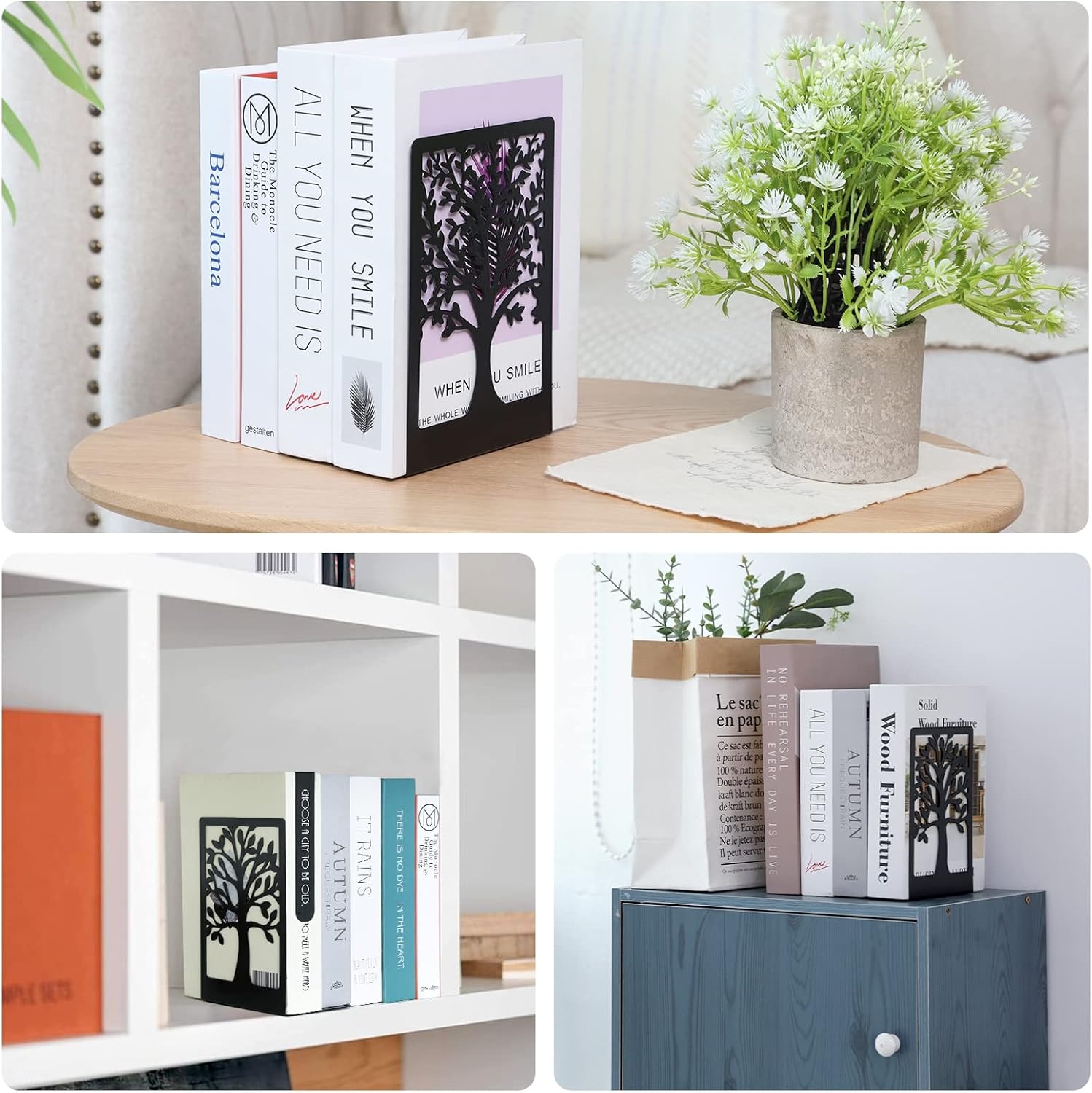 image:imageEOOUT Bookends 3 Pairs of Book Ends for Shelves Decorative Black Metal Bookend Supports for Heavy Books Tree Book Holders for Shelf Decoration Book Stoppers for Home Office School